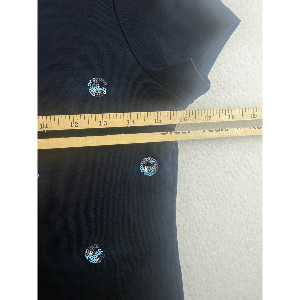 Talbots Petite Navy Blue Sequin Polka Dot Cotton Short Sleeve Tee Shirt SP - Picture 4 of 6